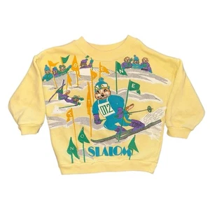 Vintage 80s 90s United Colors of Benetton Yellow Beaver Skiing Snow Sweatshirt - Picture 1 of 10