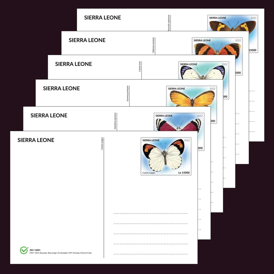 Butterflies MNH Stationery Cards 2022 Sierra Leone 6 Cards 100% Recycled Paper - Image 1 of 4