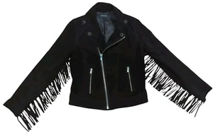 The Kooples Fransen Lederjacke Wildleder schwarz Moto Biker Western Boho Small  - Bild 1 von 8