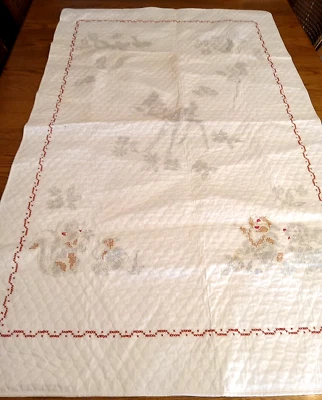 Baby Crib Quilted Blanket Stamped Cross Stitch Deer Bird Owl Bunny UNFINISHED - Image 1 of 4