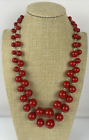Necklace Womens Red Graduated Bubble Gum Beads Double Strand Silver Tone 40"