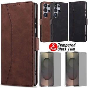 For Samsung S25 Ultra/S25 Plus Case Leather Stand Cover / Privacy Tempered Glass - Picture 1 of 31