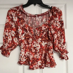 FREE PEOPLE Sweet Memories Pink Floral Ruffled Peplum BOHO Peasant Blouse Top XS - Picture 1 of 14