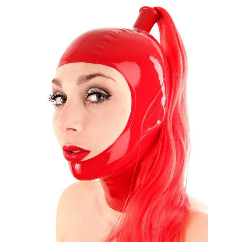 Latex Hood with Ponytail Wig Back Zipper Open Face Rubber Mask Cos Club Wear  - Image 1 of 3