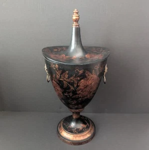 Vtg Black Metal Toleware Urn With Floral Pattern Lion Head Handles Regency Style - Picture 1 of 6
