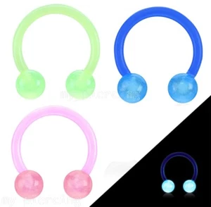 PAIR 16Ga 3/8" Flexible Horseshoe Circular with Glow in the Dark Ball Ear Septum - Picture 1 of 3