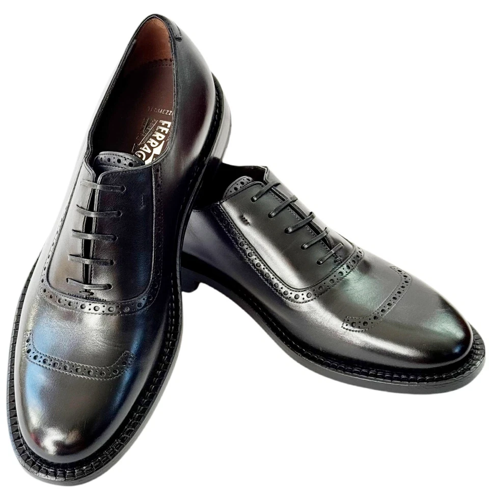 Ferragamo Men's 11.5 TRAMEZZA Black Leather Round Toe Welted Oxford Dress Shoes