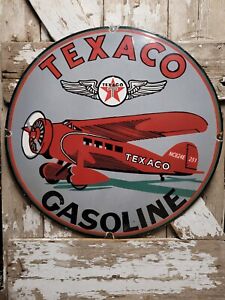 VINTAGE TEXACO PORCELAIN SIGN 30" LARGE AVIATION AIRPLANE FLY MOTOR OIL SERVICE