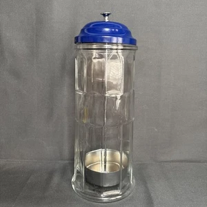 Vintage GEMCO STRAW HOLDER Blue Top Container Glass Jar Paneled Metal Lid *NOTE - Picture 1 of 11