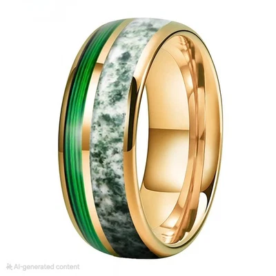 8MM Men Women Tungsten Carbide Ring Band Moss Agate and Guitar String Ring - Image 1 of 4