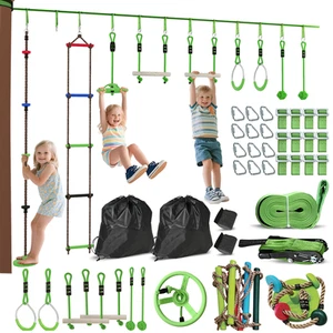 Kit de carrera de obstáculos para niños con slackline de 10 piezas, anillos de gimnasio y columpio - verde - Imagen 1 de 8