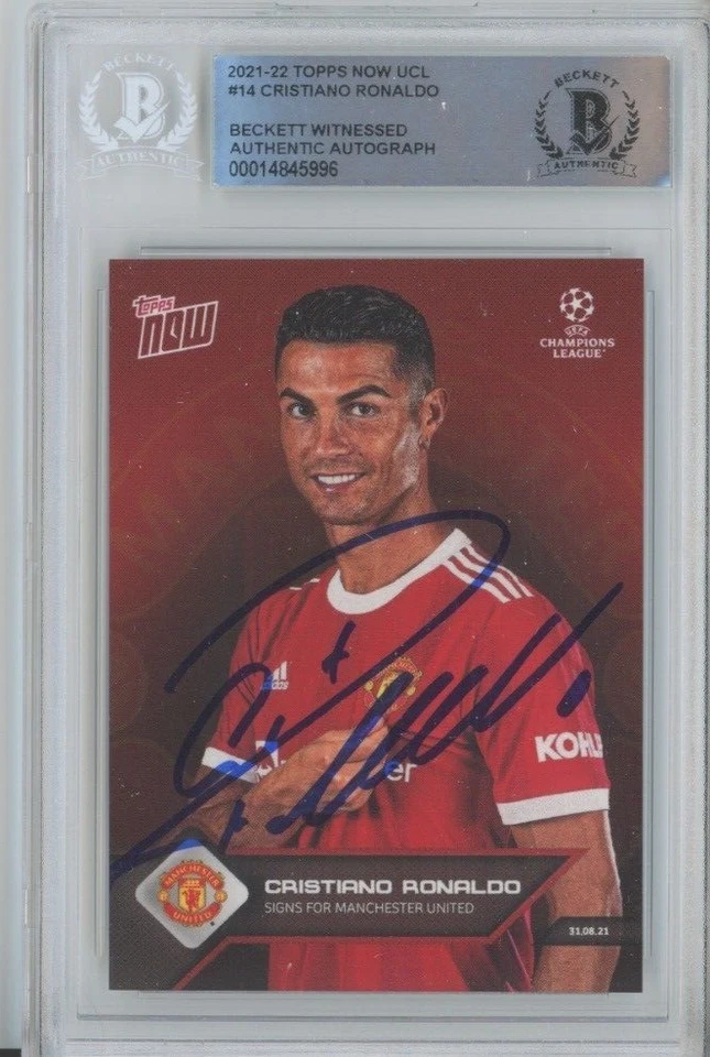 2021-22 Topps AHORA Firmado Cristiano Ronaldo #14 ManU Beckett BAS Testigo Foto 1 de 3