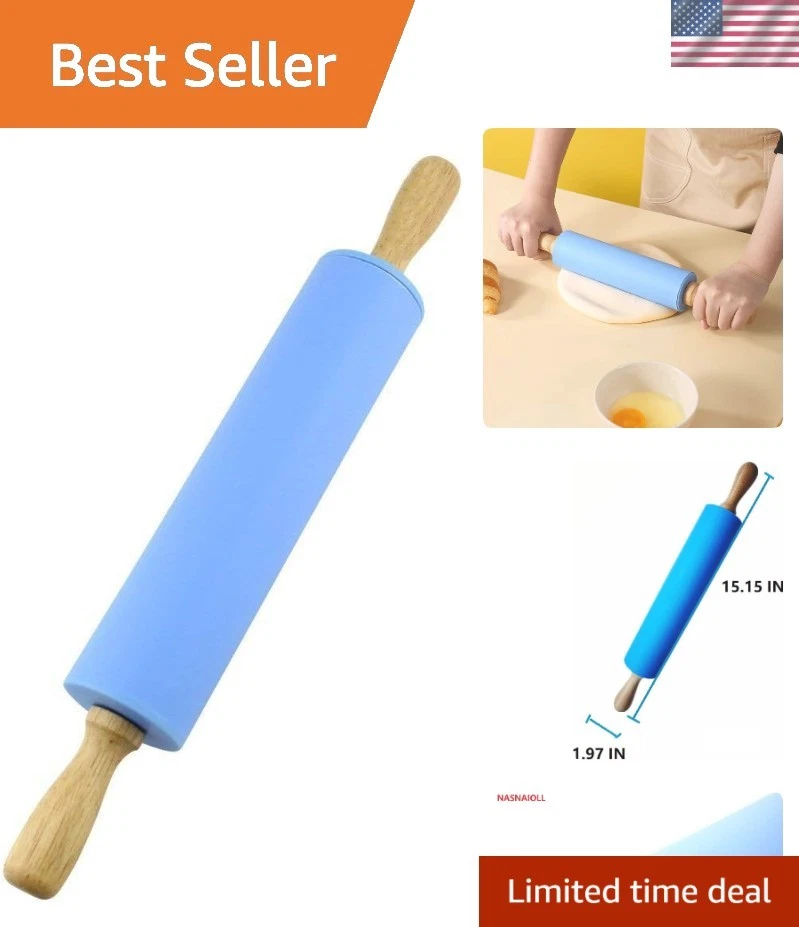 Rolling Pin Silicone Non Stick Surface Wooden Handle Food Grade Smooth Blue 15in