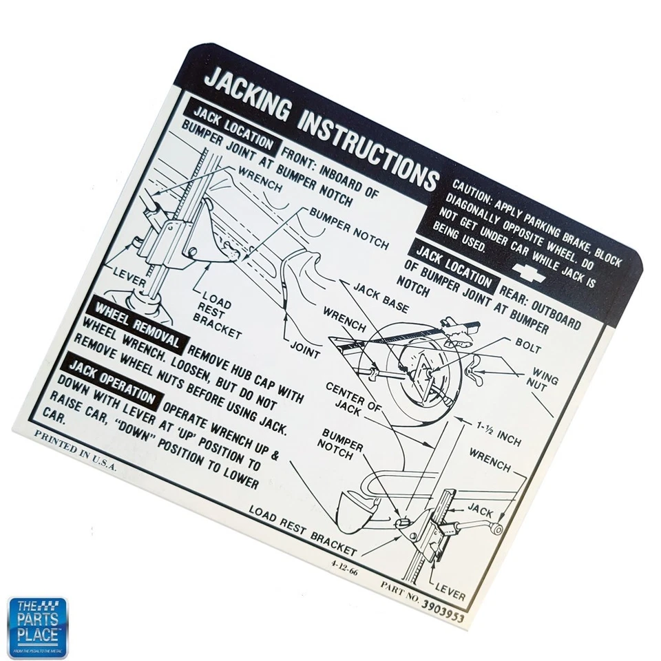 Impala 1967-68 sedán techo rígido gato almacenamiento e instrucciones de elevación DC0288 3903953 Foto 1 de 1