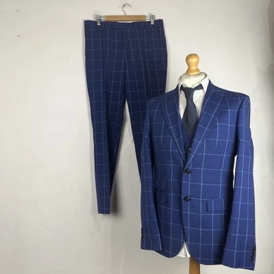 Moss London 3 Piece Suit Men's 40L Dark Blue Check 34W 32L Trousers Slim Fit - Image 1 of 4