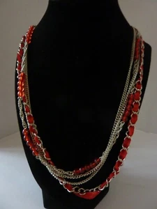 Vintage Red And Silver Seed Bead Multi Strand Necklace 35" - Picture 1 of 4