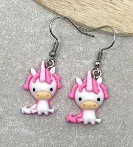 Cute White Pink Unicorn Drop Earrings novelty kitsch fashion gift Fantasy Magic - Picture 1 of 5