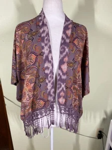 Mason & Belle Womens Purple Paisley Crochet Fringe Kimono Open Cardigan Boho Top - Picture 1 of 10