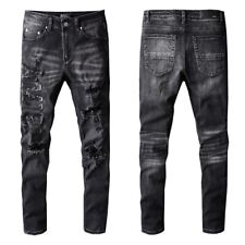 Trendy Men's Skinny Jeans | Distressed Denim with Fringe & Letter Patches