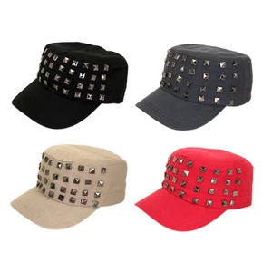 Adjustable Cotton Military Style Studded Front Army Cap Cadet Hat - Diff Colors - Picture 1 of 17