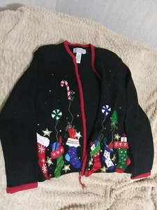 Vintage "Ugly" Christmas Sweater Large Zip Cardigan by Tiara Int. - Picture 1 of 7