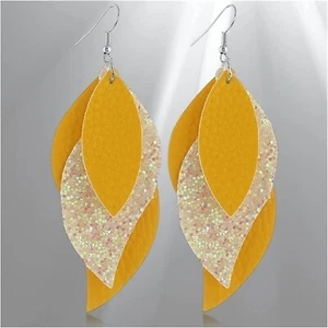 Yellow Three Layered faux Leather Boho, Leaf Earrings - Bohemian - Picture 1 of 2