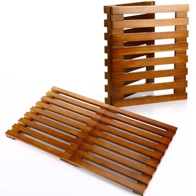 Wood Bath Mat 26'' x 16'' Foldable Shower Mat Bathroom Non Slip Waterproof Wo... Foto 1 de 4