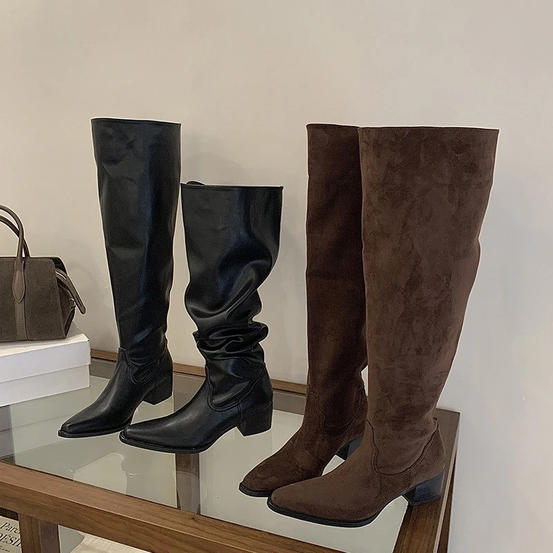 Botas Largas Para Mujer Invierno Nuevas Tacones Altos Gruesos Punta Apiladas Botas Altas Foto 1 de 4