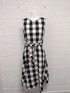 Hobbs Linen Cotton Blend Tie Dress Check Patterned Black White - UK 16 - Picture 1 of 8