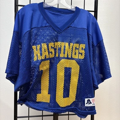 Camiseta de fútbol de colección años 90 azul real malla recortada escuela secundaria Hastings 10 en dorado Foto 1 de 4
