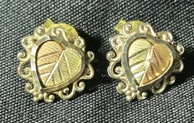 Vintage Black Hills Gold 12K Heart Earrings Sterling Silver Tri-Color Leaf Studs - Image 1 of 4