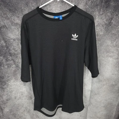 Adidas T Shirt Mens Medium Black Trefoil Logo Essential Waffle Tee Lined * - Image 1 of 4