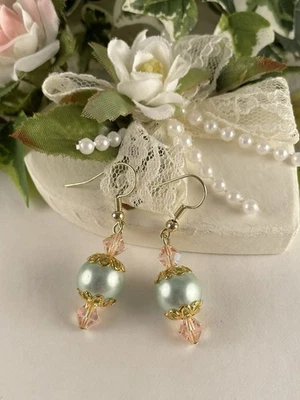 Gold Soft Green Pearl Pink Crystal Dangle Earrings Women Artisan Beaded Jewelry - Image 1 of 4