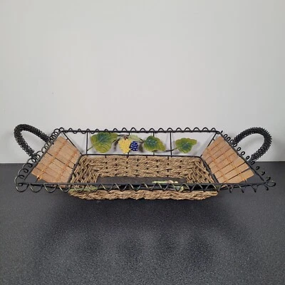 Wire And Woven Wicker Basket With Handles Grapes Leaves Fruit Bowl Rectangular  - Image 1 of 4