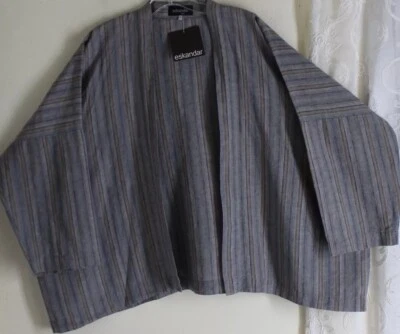 NWT Eskandar Sz 0 GRAY Great Stripe Over-Dyed Stripe Linen Open Jacket Coat - Image 1 of 4