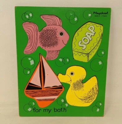 VTG Playskool For My Bath 155AN-16 Fish Soap Boat Duck 4 pc Wood Puzzle Toy RF21 - Image 1 of 2