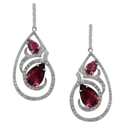 Fancy Teardrop Simulated 13.9TCW Red Ruby & White Sapphire Drop Dangle Earrrings - Image 1 of 4