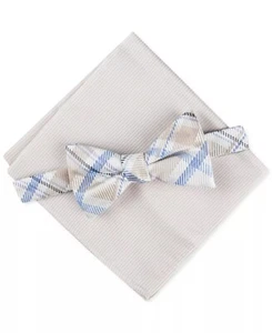New Tommy Hilfiger Plaid Pre Tied Bow Tie & Oxford Solid Pocket Square Set Taupe - Picture 1 of 1