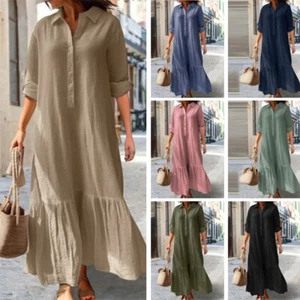 Plus Size Women's Cotton Linen Long irregular Shirt Collar Button Casual Dresses - Picture 1 of 27
