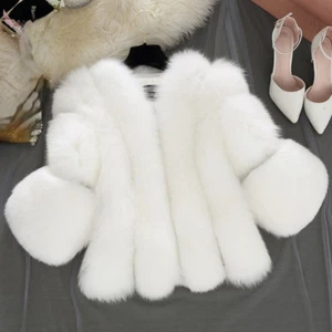 Women Faux Fox Fur Coat Outerwear Fluffy Short 3/4 sleeve Winter Outdoor Warm - Picture 1 of 21