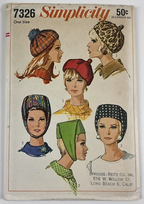 ORIGINAL Simplicity 7326 60s Hat Beret Sew Pattern 1 Size Fits All UC FF OOP VTG - Image 1 of 4