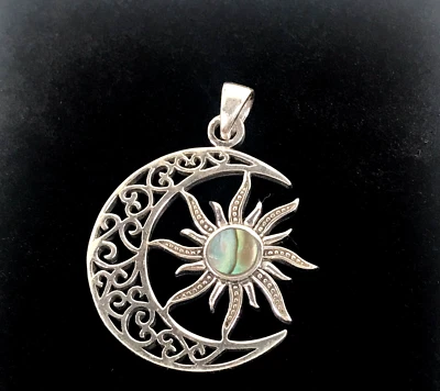 925 Пробы небесное солнце Луна подвеска - абалона раковина драгоценный камень - 1 "x 1" - Изображение 1 из 4