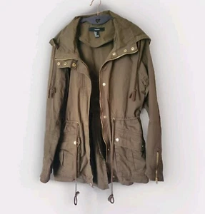 Forever 21 Militärjacke Gr. Small Kapuze Reißverschluss Utility Taschen grün Cinch Taille - Bild 1 von 8