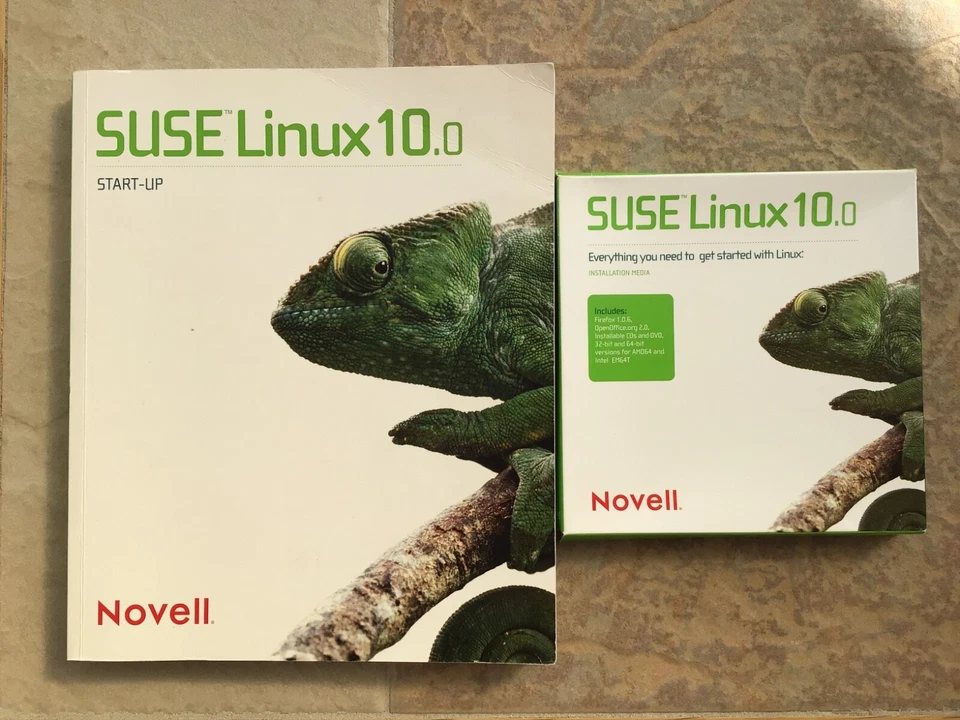 Novell SuSE Linux 10.0 installation media (5 CDs) and Start Up guide.  - Image 1 of 2