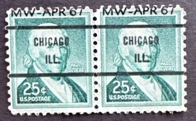 US 1954 Sc# 1048 Pair Control Dated Precancel CHICAGO IL MW APR 67 Paul Revere - Image 1 of 2