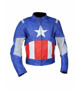 CAPTAIN AMERICA STYLE MENS BLUE MOTORBIKE / MOTORCYCLE LEATHER JACKET - Picture 1 of 8