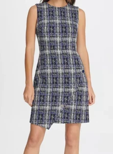 DKNY Blue Tweed Logo Button Detail Sheath Dress UK12-US8 Lined - Picture 1 of 8