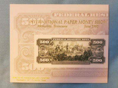 INTL. PAPER MONEY SHOW "MEMPHIS TN." $500 SOUVENIR CARD JUNE 1993 LOOK!! - Image 1 of 2