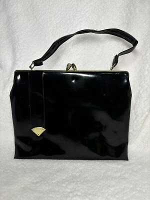 Bolso de mano vintage Art Deco de charol negro años 50 con detalles dorados ¡Muy MCM! Foto 1 de 4