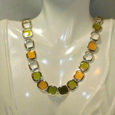 Collana Vintage Gialla Verde In Smalto Blocco Argento 16" 10b 25 - Immagine 1 di 4